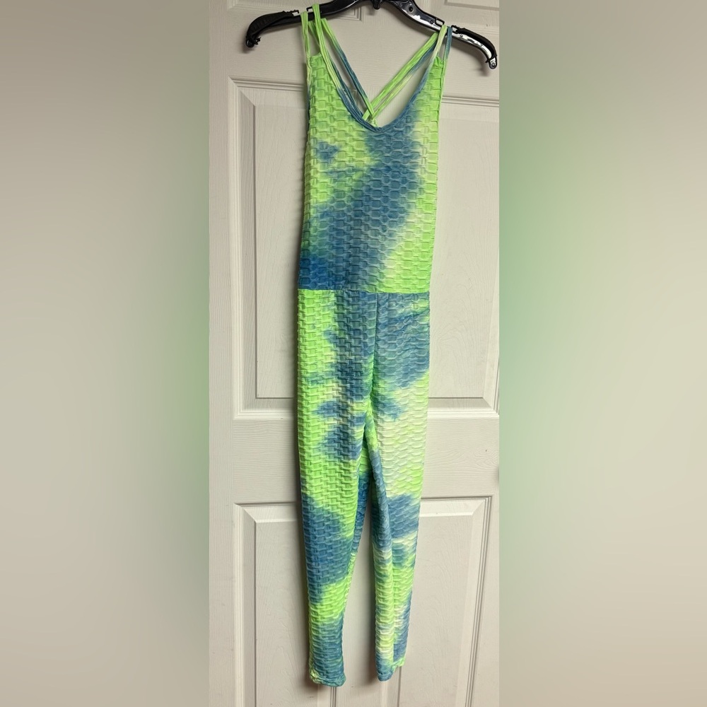 Hot Kiss Stretch Blue & Green Vibrant Tie-Dye Active Jumpsuit Size Large NEW